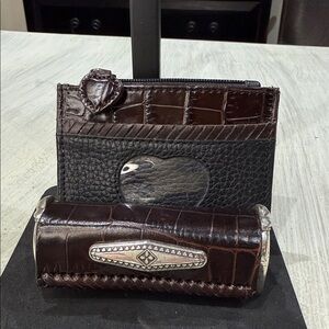 Brighton Crocodile Black and Brown Leather Card Holder Lipstick Case Set